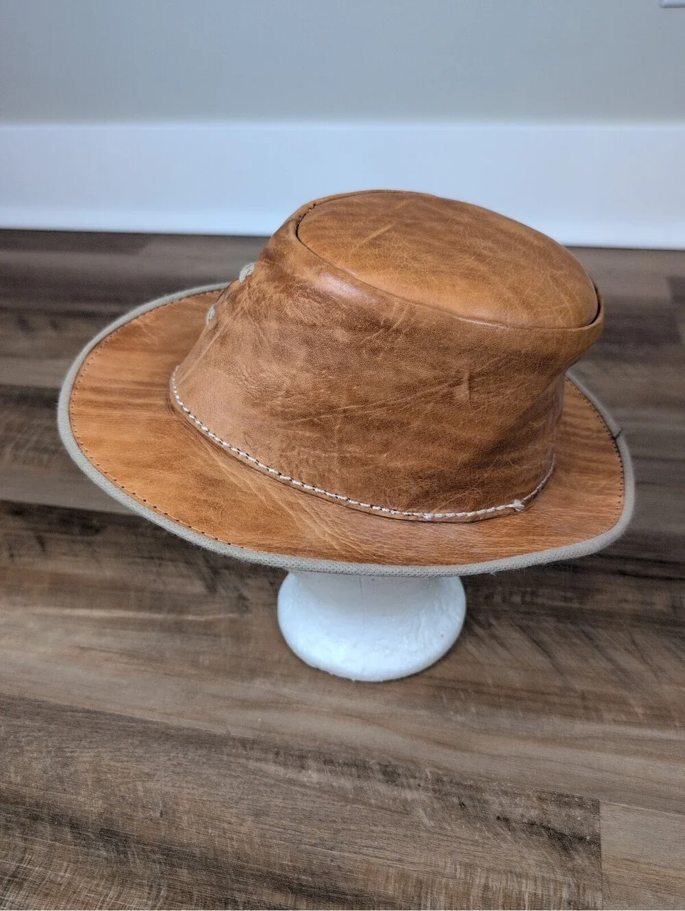 Leather Cowboy Hat Brown Handcrafted Leather  Hat Western Style Leather Aussie